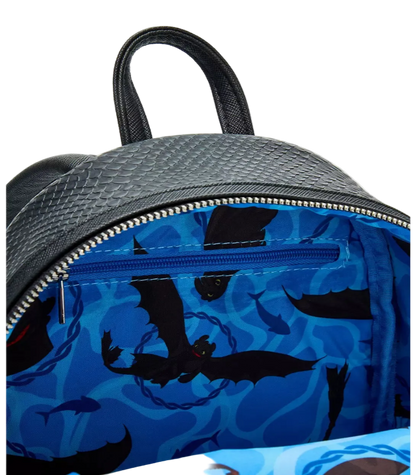 Backpack with blue pattern featuring black silhouettes on a white background