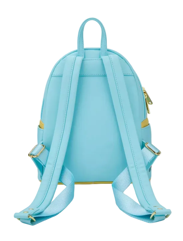 Light blue backpack with gold accents on a white background