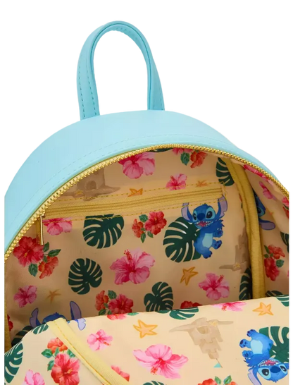 Floral-patterned backpack with cartoon character on a white background