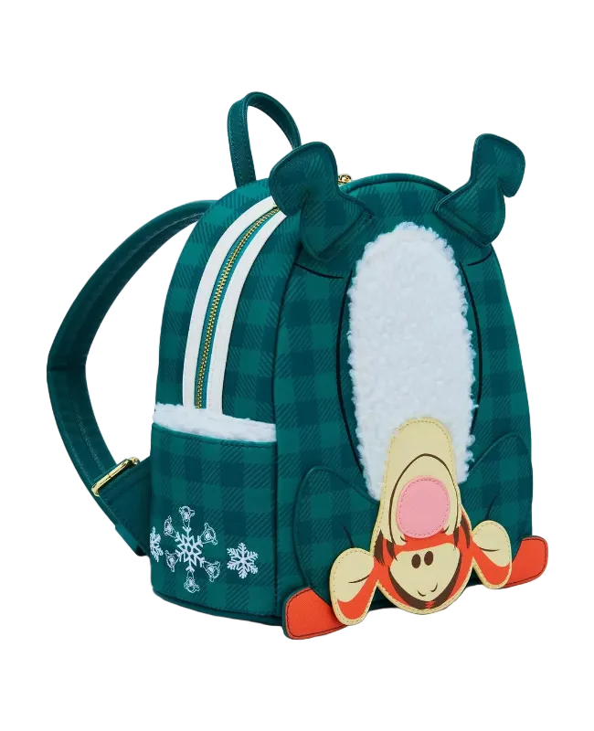 Green backpack with cartoon character design on a white background