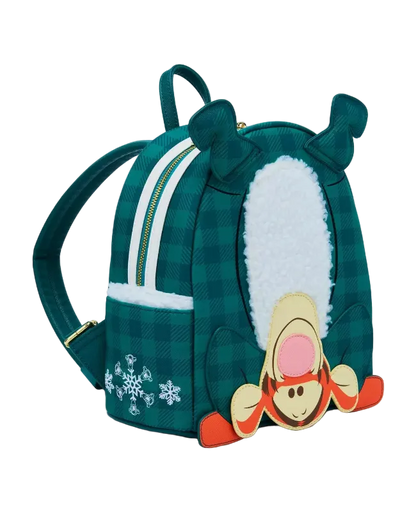 Green backpack with cartoon character design on a white background