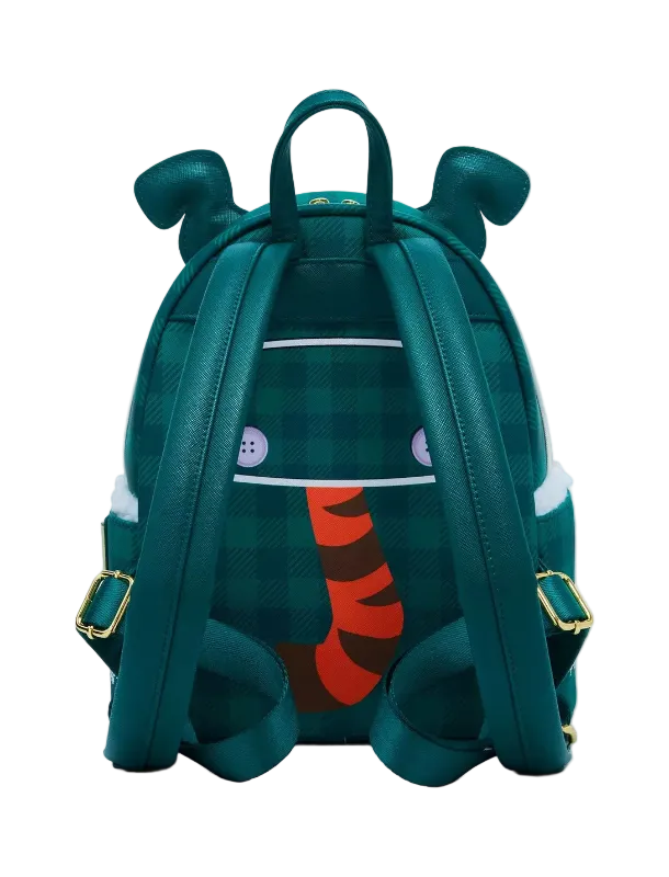 Teal backpack with cartoon face and red accents on a white background