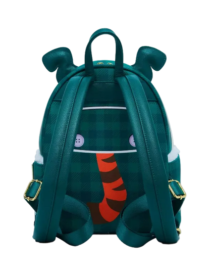 Teal backpack with cartoon face and red accents on a white background