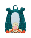 Green backpack with cartoon character face on a white background