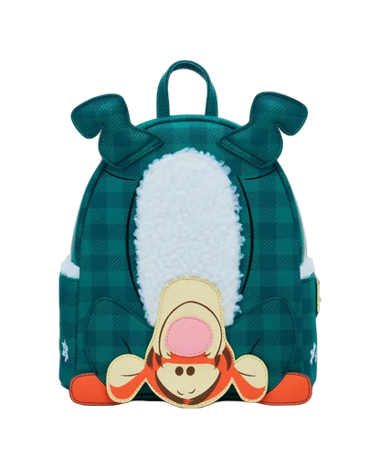 Green backpack with cartoon character face on a white background