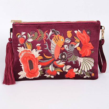 Faux Velvet Clutch With Tassel: Burgundy
