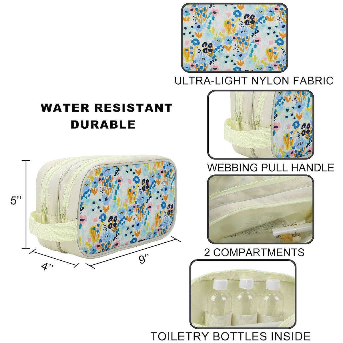 Floral Print Dual Compartment Cream Toiletry Cosmetic Kit