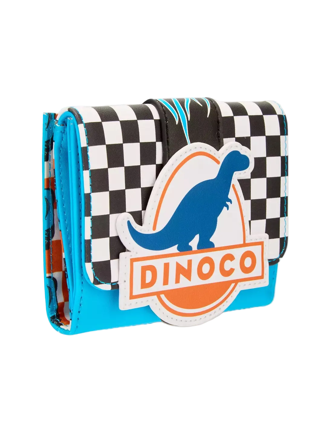 A small wallet featuring a black and white checkered pattern, a bright blue base, and a large front patch with a blue dinosaur silhouette and the word 'DINOCO' in orange.
