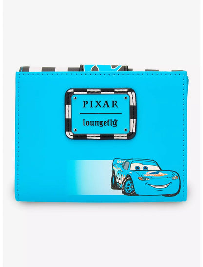 A bright blue Disney Pixar Loungefly clutch featuring Lightning McQueen and a black-and-white checkered brand patch on the front, set against a plain white background.