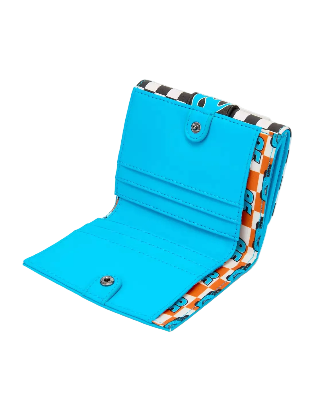 A bright turquoise blue wallet shown open, featuring a black and white striped patterned exterior and a matching patterned interior lining with orange, white, and blue geometric shapes.
