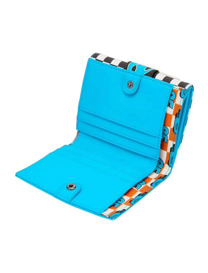 A bright turquoise blue wallet shown open, featuring a black and white striped patterned exterior and a matching patterned interior lining with orange, white, and blue geometric shapes.