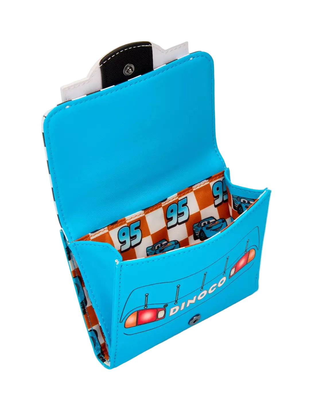 A bright blue wallet with a Dinoco racing theme, featuring a car graphic and checkered pattern interior, shown open on a light gray background.