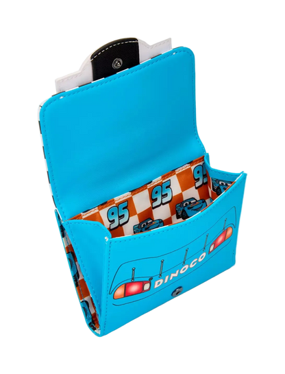 A bright blue wallet with a Dinoco racing theme, featuring a car graphic and checkered pattern interior, shown open on a light gray background.
