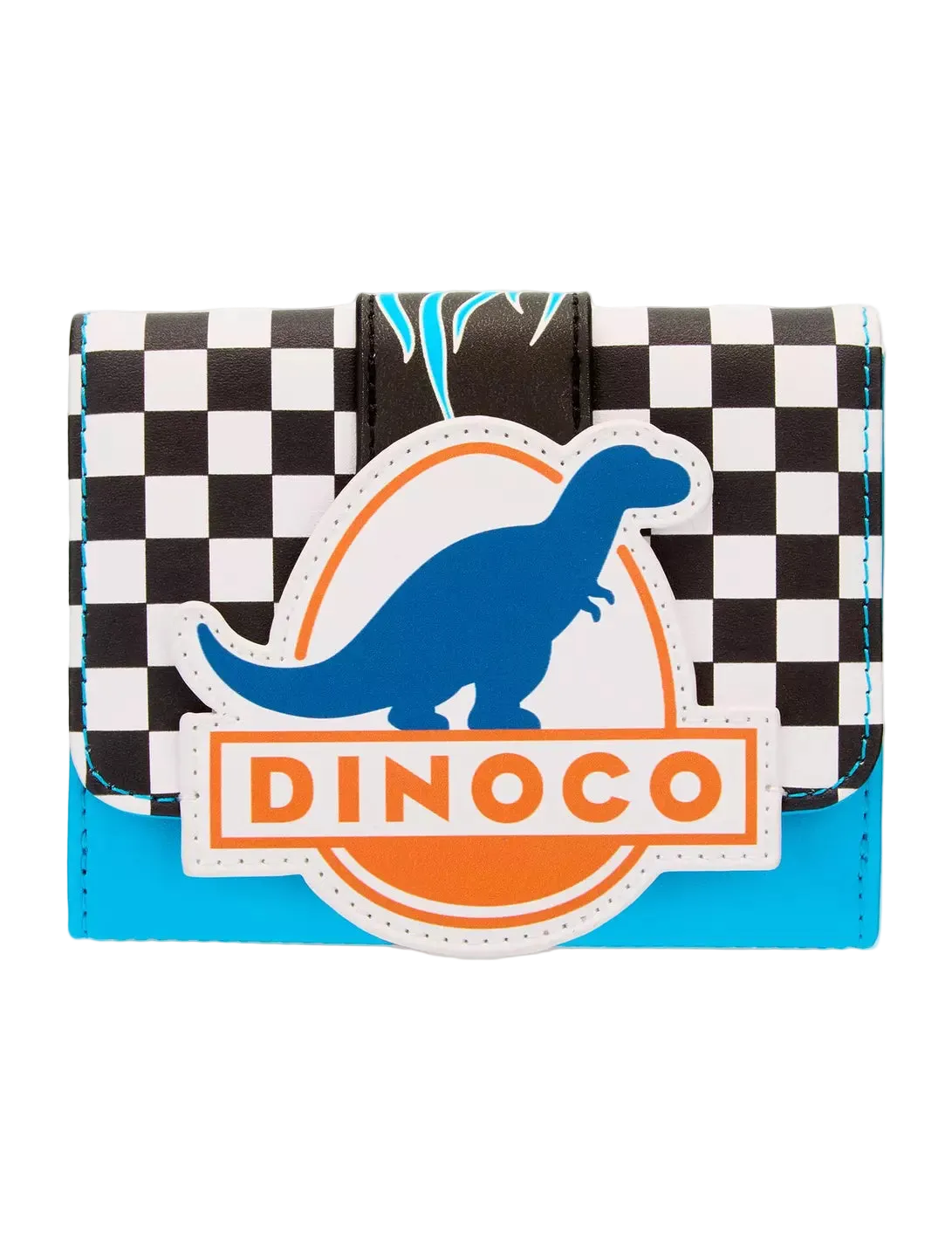 A small wallet featuring a black and white checkerboard pattern, a blue dinosaur silhouette, and an orange and white 'DINOCO' logo patch on a light gray background.
