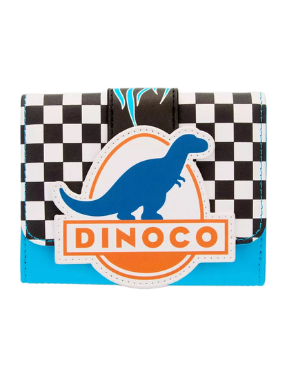 A small wallet featuring a black and white checkerboard pattern, a blue dinosaur silhouette, and an orange and white 'DINOCO' logo patch on a light gray background.