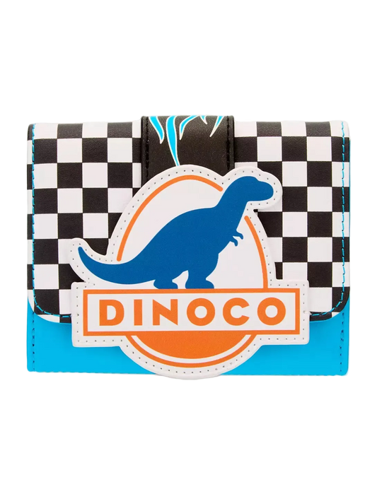 A small wallet featuring a black and white checkerboard pattern, a blue dinosaur silhouette, and an orange and white 'DINOCO' logo patch on a light gray background.