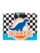 A small wallet featuring a black and white checkerboard pattern, a blue dinosaur silhouette, and an orange and white 'DINOCO' logo patch on a light gray background.