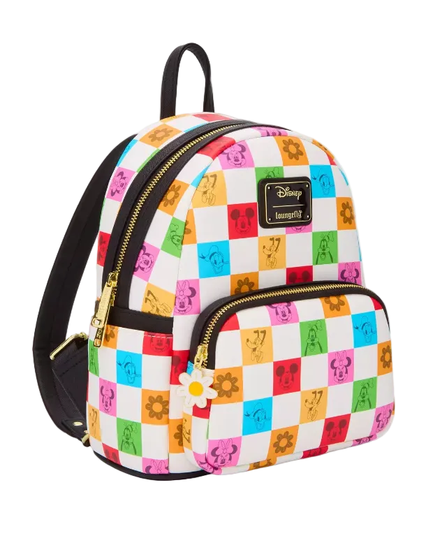 Colorful checkered backpack with Disney logo on a light gray background
