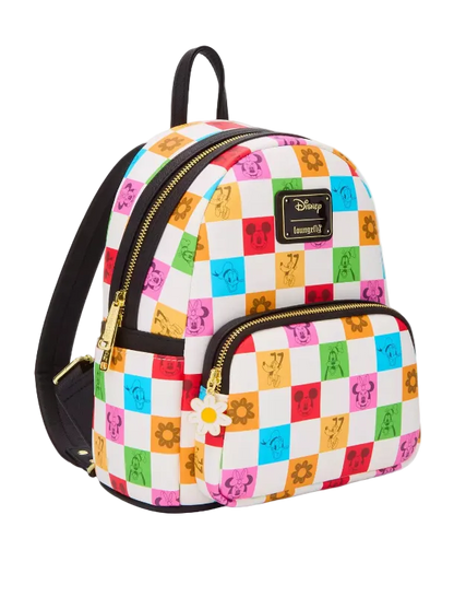Colorful checkered backpack with Disney logo on a light gray background
