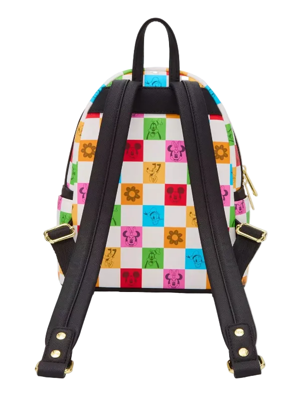 Backpack with colorful checkered pattern on a white background