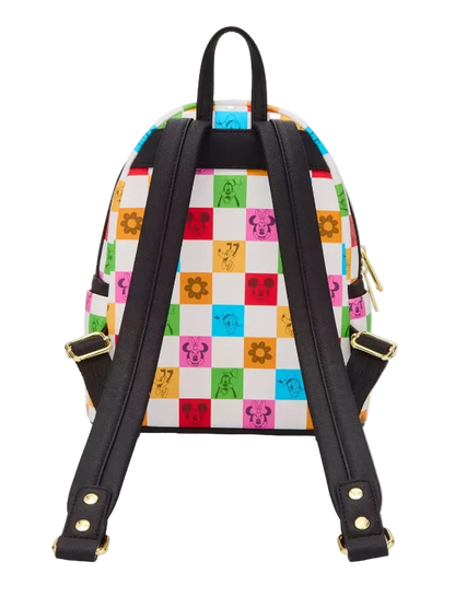 Backpack with colorful checkered pattern on a white background
