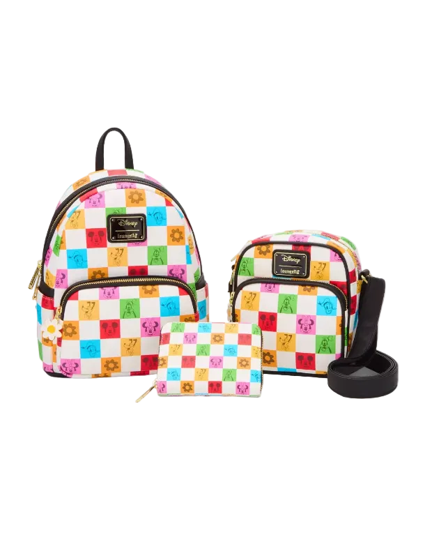 Set of three bags with a colorful checkered pattern on a white background