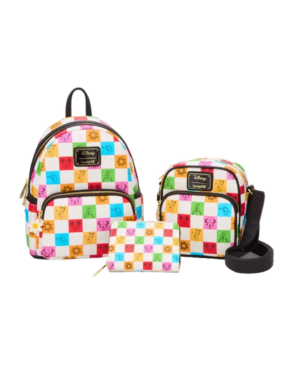 Set of three bags with a colorful checkered pattern on a white background