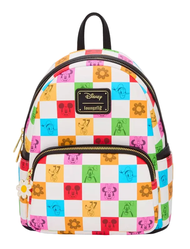Colorful checkered backpack with Disney logo on a white background
