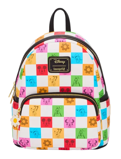 Colorful checkered backpack with Disney logo on a white background