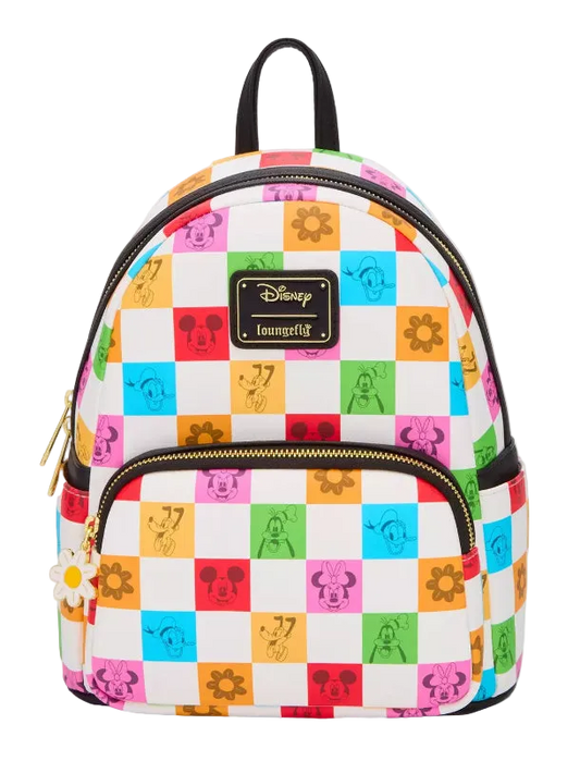 Colorful checkered backpack with Disney logo on a white background