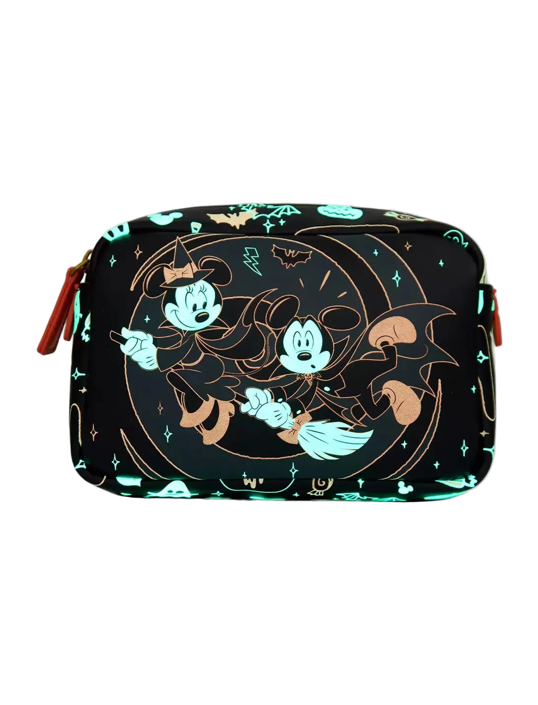 A rectangular cosmetic pouch featuring a Halloween-themed Mickey and Minnie Mouse print on a black background, with glowing teal and gold accents, shown on a light gray studio background.