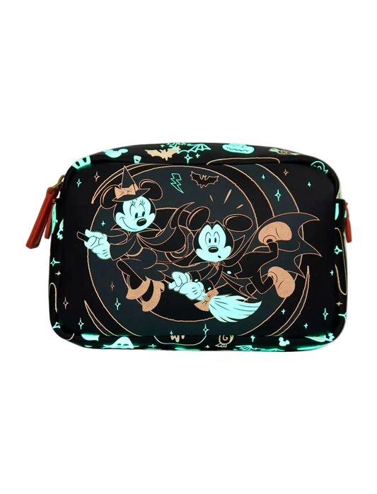 A rectangular cosmetic pouch featuring a Halloween-themed Mickey and Minnie Mouse print on a black background, with glowing teal and gold accents, shown on a light gray studio background.