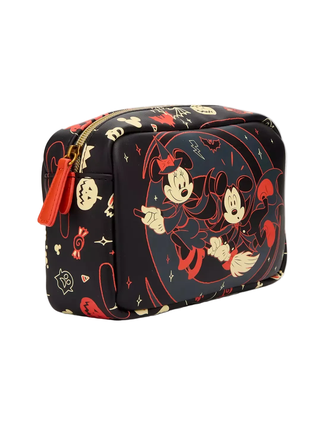 A black cosmetic pouch featuring a red and beige Mickey and Minnie Mouse cartoon print, with a red zipper pull and gold-tone zipper, shown on a light gray background.