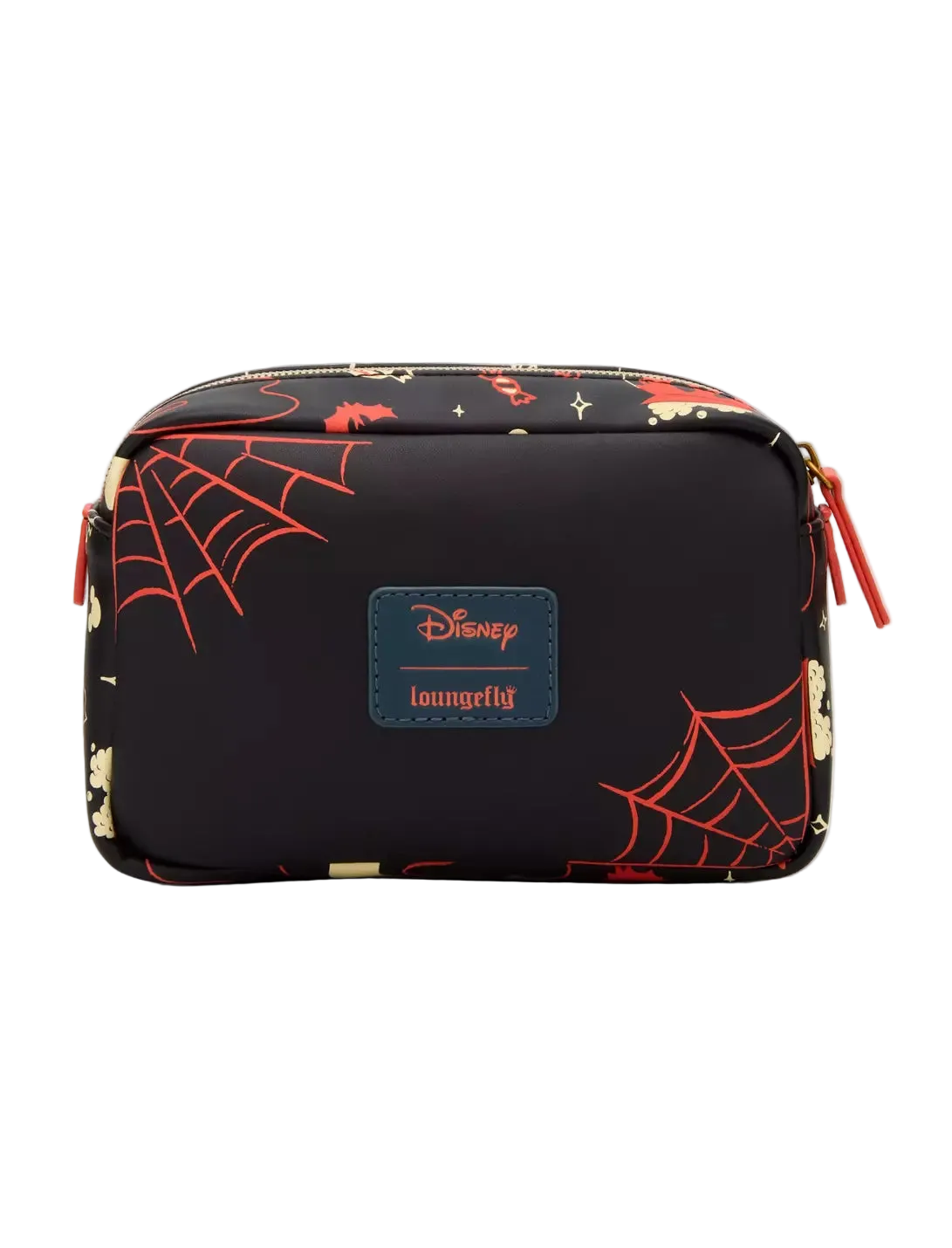 A Loungefly x Disney cosmetic pouch featuring a black background with red spiderwebs, gold stars, and bats, and a blue leather patch with the Disney logo.