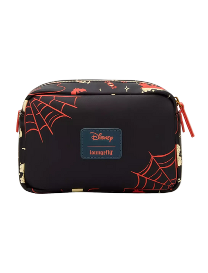 A Loungefly x Disney cosmetic pouch featuring a black background with red spiderwebs, gold stars, and bats, and a blue leather patch with the Disney logo.