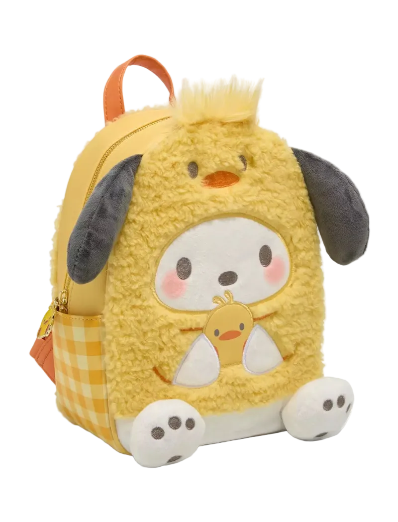 A yellow plush dog character backpack with a fuzzy textured body, featuring a cartoon dog face on the front, white paws, dark gray floppy ears, and a yellow-and-white gingham side pocket, shown on a light gray background.