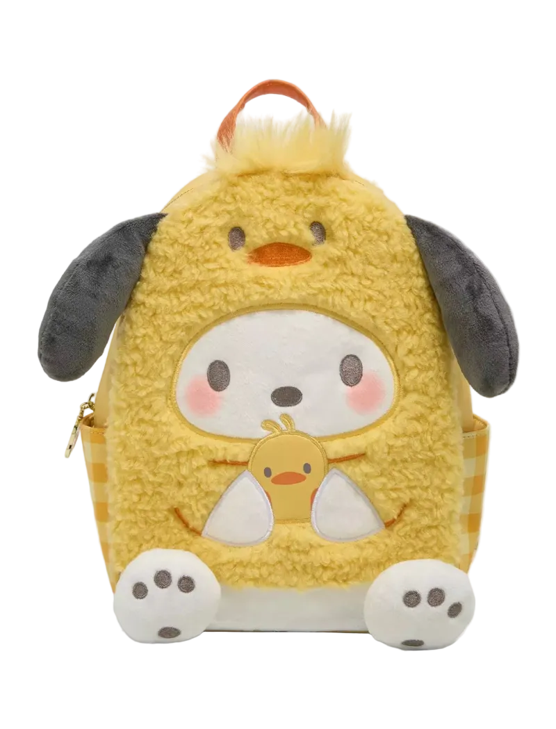 Plush backpack with cartoon character design on a white background