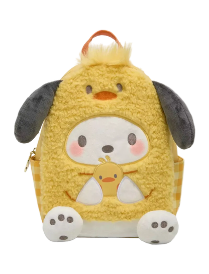 Plush backpack with cartoon character design on a white background