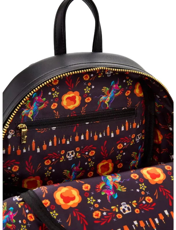Backpack with colorful floral and abstract pattern on a dark background