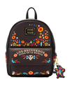 Black backpack with colorful floral designs and text, featuring Pixar branding.