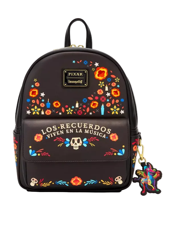 Black backpack with colorful floral designs and text, featuring Pixar branding.