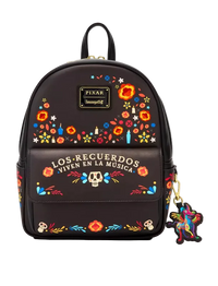 Black backpack with colorful floral designs and text, featuring Pixar branding.