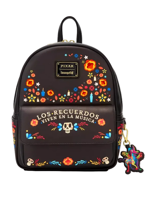 Black backpack with colorful floral designs and text, featuring Pixar branding.