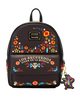Black backpack with colorful floral designs and text, featuring Pixar branding.