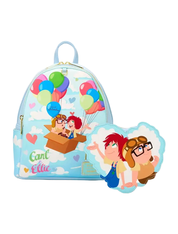 Backpack with cartoon design of two characters and colorful balloons on a blue background