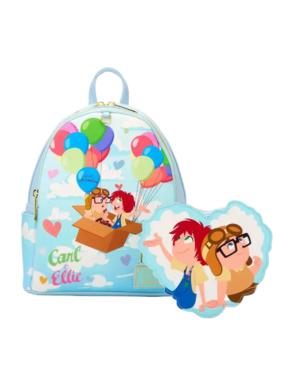 Backpack with cartoon design of two characters and colorful balloons on a blue background