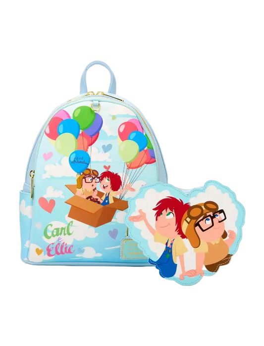 Backpack with cartoon design of two characters and colorful balloons on a blue background