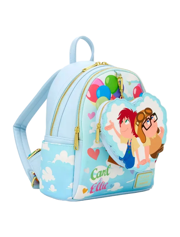 Light blue backpack with cartoon characters and colorful elements on a white background