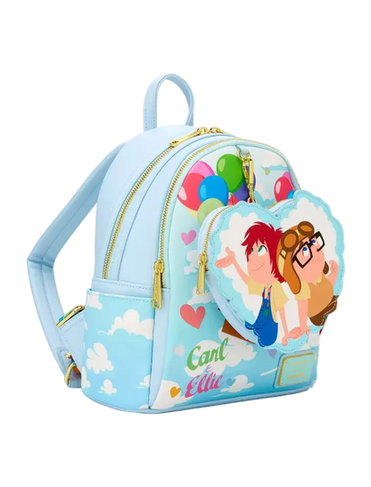 Light blue backpack with cartoon characters and colorful elements on a white background