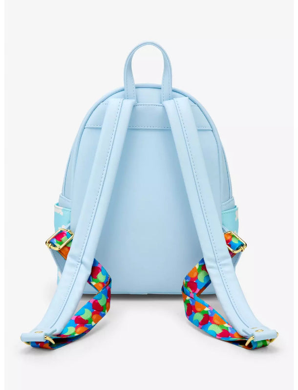 Light blue backpack with colorful straps on a white background